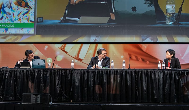 Drs. Cassian Yee, Michel Sadelain, and Yvonne Chen at AACR22. Photo by Arthur Brodsky