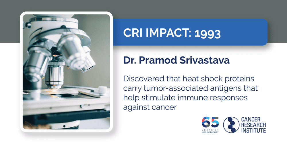 1993 Dr. Pramod Srivastava discovered that heat shock proteins carry tumor-associated antigens that help stimulate immune responses against cancer
