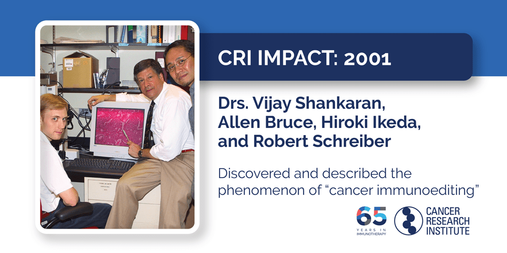 2001 Drs. Vijay Shankaran, Allen Bruce, Hiroki Ikeda, and Robert Schreiber  Discovered and described the phenomenon of “cancer immunoediting”