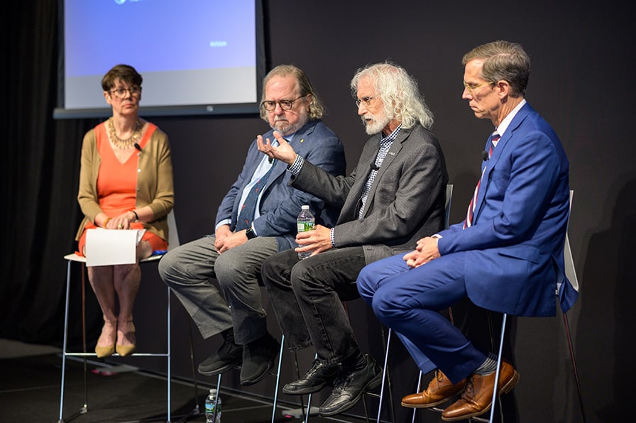 Dr. Jill O'Donnell-Tormey moderates an academic panel with Drs. Jim Allison, Phil Greenberg, and Bob Vonderheide