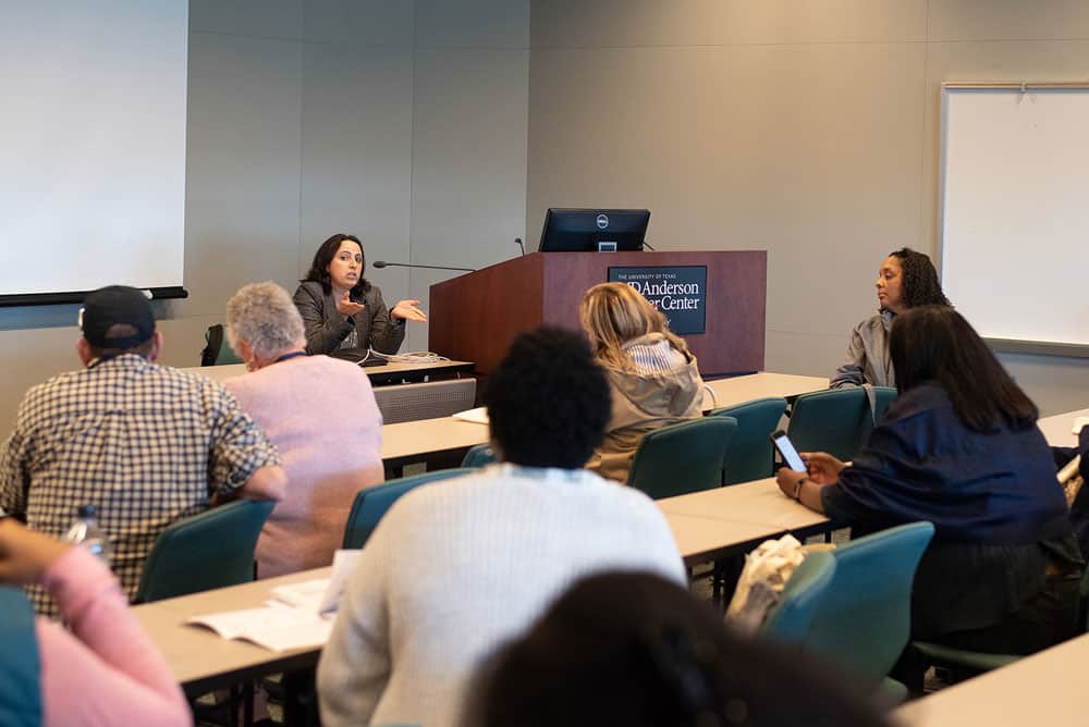 Dr. Hoyos met with patients to discuss breast cancer and immunotherapy. She discussed how treatments combining immunotherapy with other approved modalities was promising for breast cancer treatment. Photo by Ranjani Groth