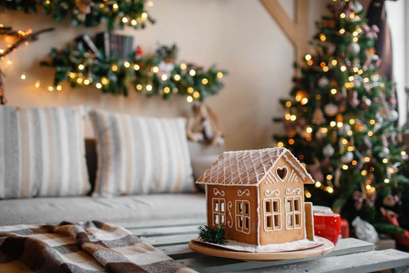 Gingerbread house in festive Christmas home