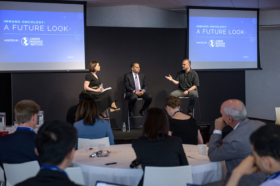 Meg Tirrell (CNBC) moderates an industry fireside chat with Drs. Awny Farajallah and George Yancopoulos