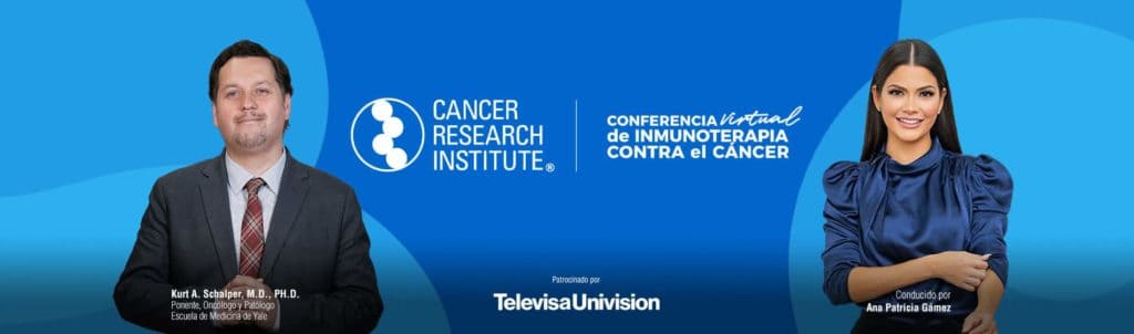 Conferencia de Inmunoterapia Contra el Cancer Banner with pictures of hosts, Kurt Schalper and Ana Patricia Gamez