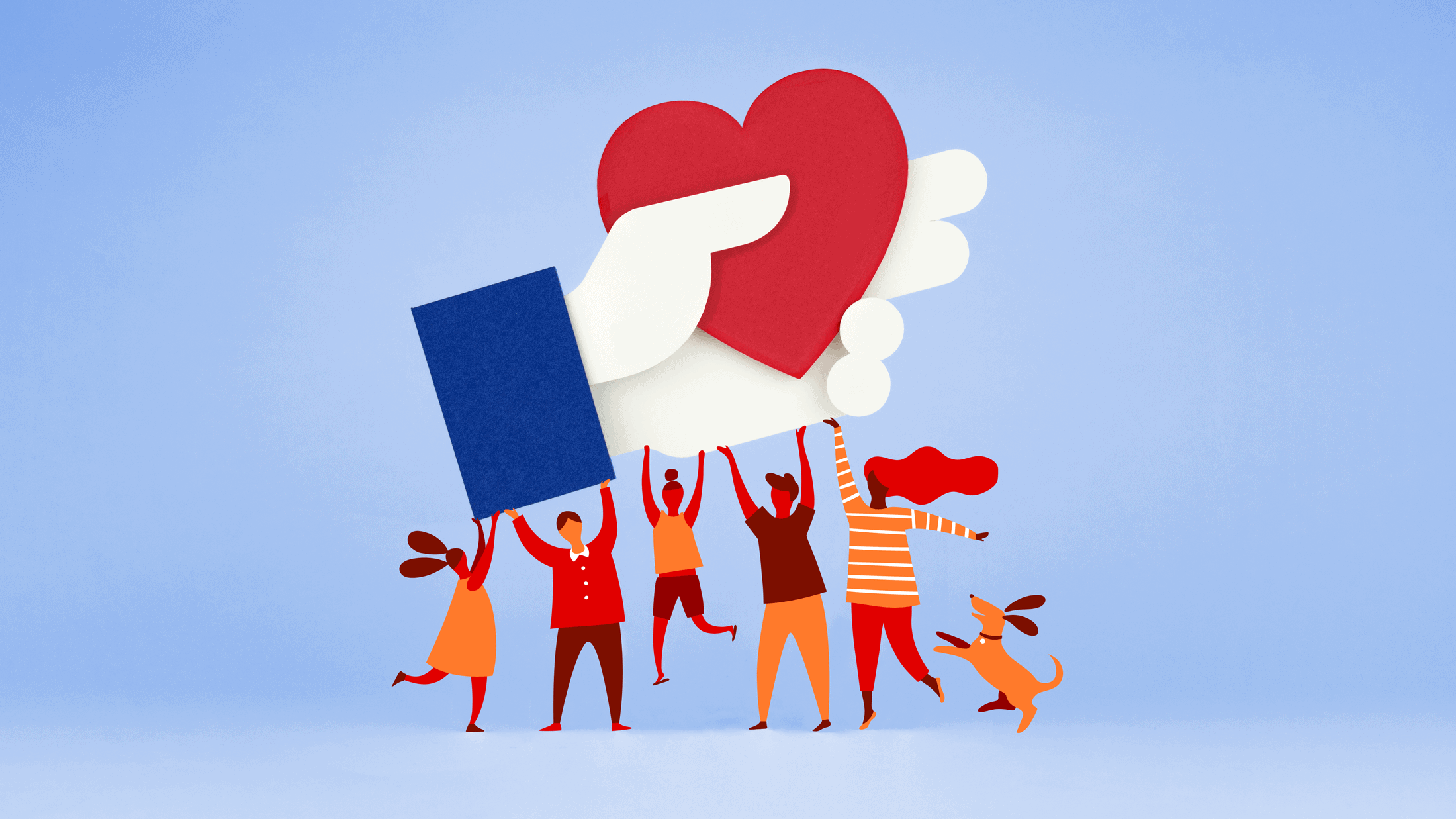 Illustration of a group of people holding a Facebook heart