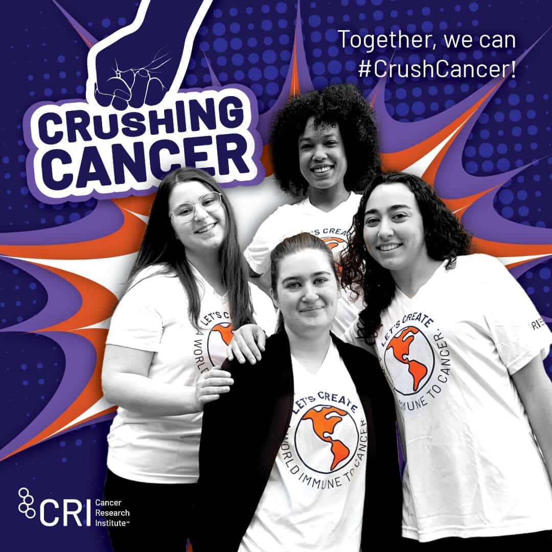 Illustration of a first hitting the words "Crushing Cancer". A group of people in CRI teach shirts is clustered together.