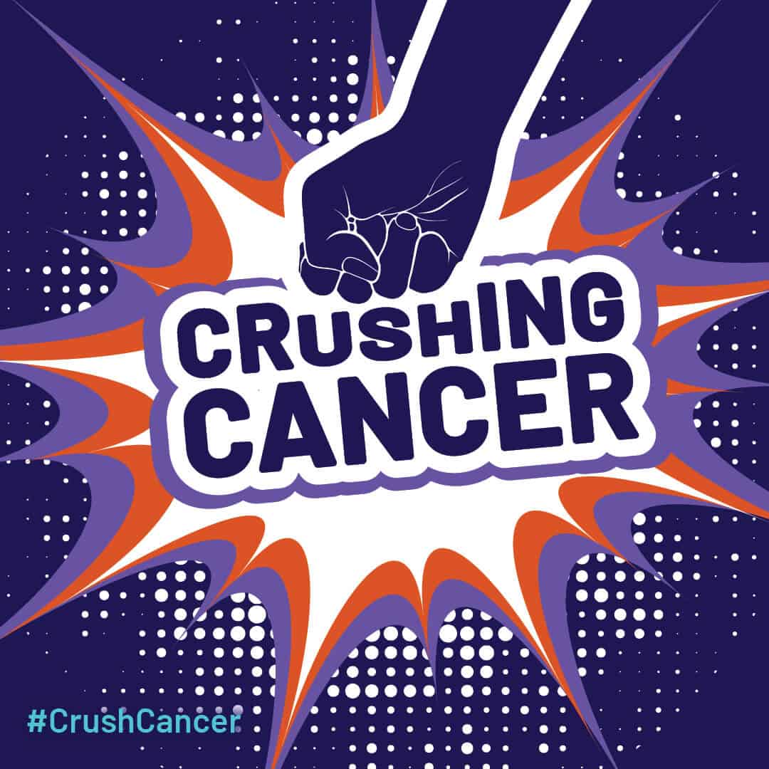 Illustration of a fist punching the words "Crushing Cancer"